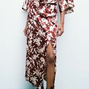 Zara Brown and Cream Floral Midi Skirt